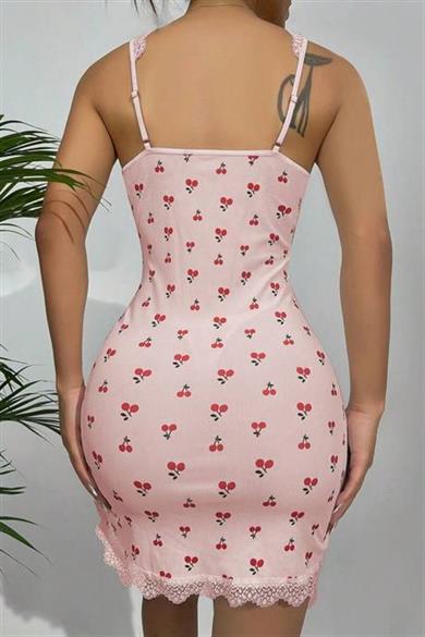 Bella Notte Pembe Kiraz Aşkı Asimetrik Dekolte Gecelik 15715