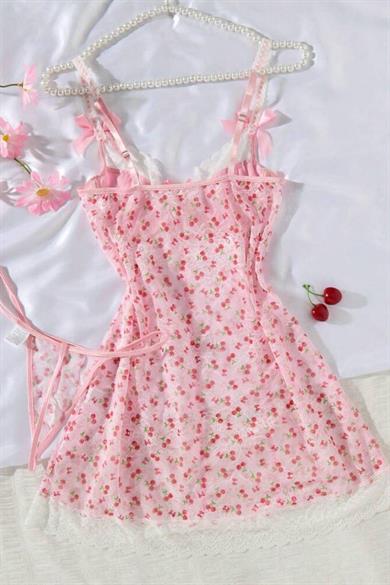 Bella Notte Pembe Kiraz Baskılı Dantelli Fransız Gecelik 35517