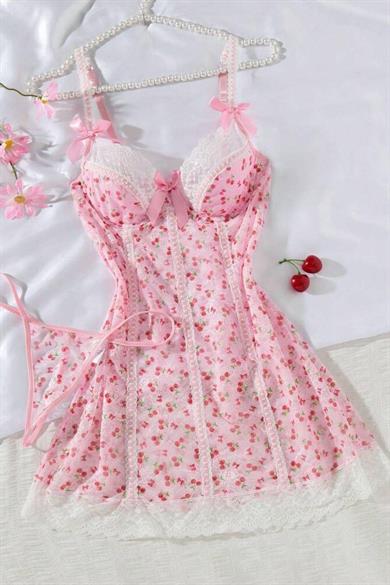 Bella Notte Pembe Kiraz Baskılı Dantelli Fransız Gecelik 35517