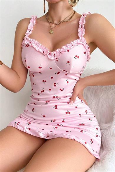 Bella Notte Pembe Kiraz Baskılı Mini Gecelik 35519