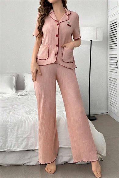 Bella Notte Pembe Kiraz Detaylı Cepli Pijama Takımı 7329