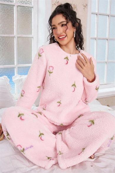 Bella Notte Pembe Pamuklu Peluş Pijama Takımı 77161