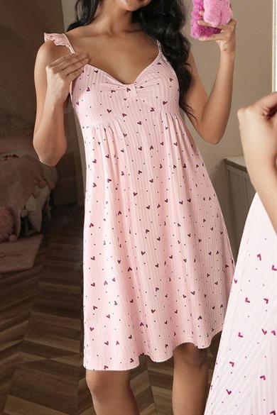 Bella Notte Pembe Sevimli Kalp Desenli Volan Askılı A Kesim Gecelik 15961