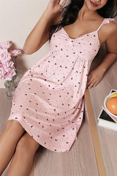 Bella Notte Pembe Sevimli Kalp Desenli Volan Askılı A Kesim Gecelik 15961