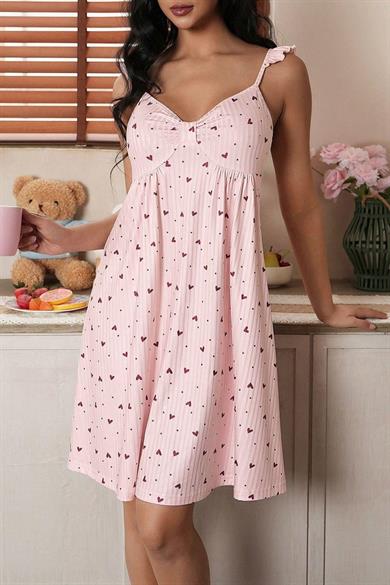 Bella Notte Pembe Sevimli Kalp Desenli Volan Askılı A Kesim Gecelik 15961