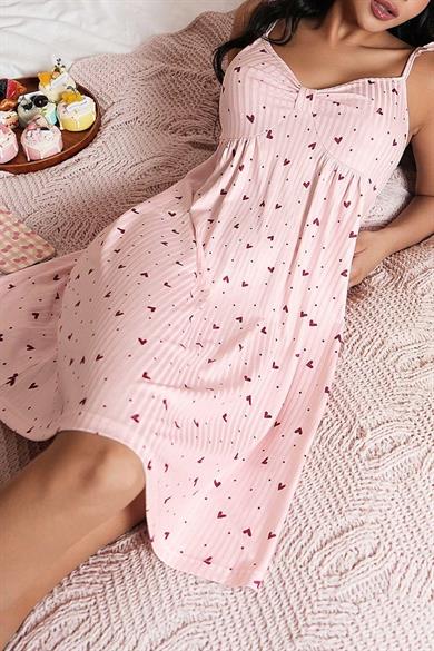 Bella Notte Pembe Sevimli Kalp Desenli Volan Askılı A Kesim Gecelik 15961