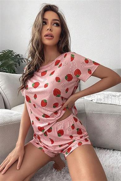 Bella Notte Pembe Tropikal Çilek Desenli Şort Takım 7535