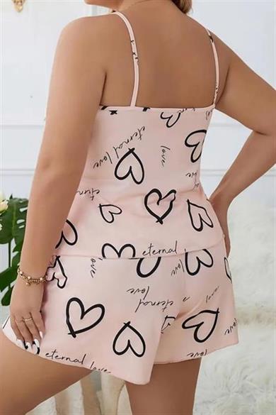 Bella Notte Pudra Büyük Beden Kalpli Şort Takım 7544