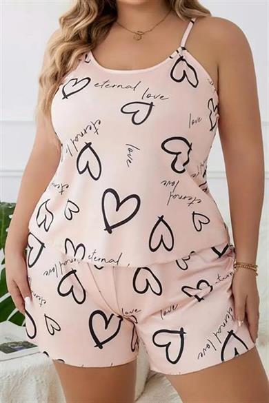 Bella Notte Pudra Büyük Beden Kalpli Şort Takım 7544