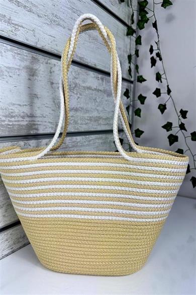 Bella Notte Sarı Kadın Çizgili El Yapımı Günlük/Plaj Çantası 8009