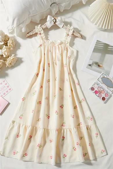 Bella Notte Sarı Lale Desenli Gecelik Elbise 35525