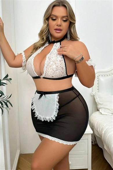 Bella Notte Siyah Beyaz Büyük Beden Hizmetçi Gecelik PR17018