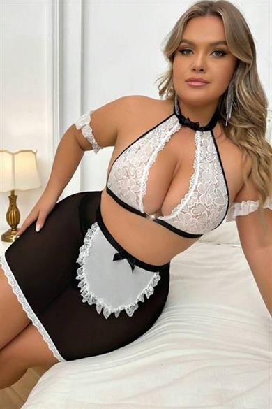 Bella Notte Siyah Beyaz Büyük Beden Hizmetçi Gecelik PR17018