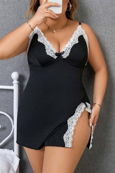 Bella Notte Siyah Büyük Beden Beyaz Dantel Detaylı Gecelik 15721