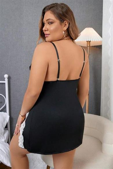 Bella Notte Siyah Büyük Beden Beyaz Dantel Detaylı Gecelik 15721