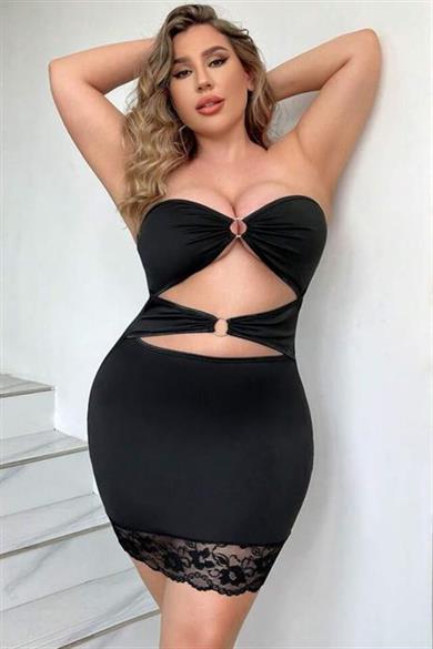 Bella Notte Siyah Büyük Beden Dekolteli Mini Elbise FN-5011