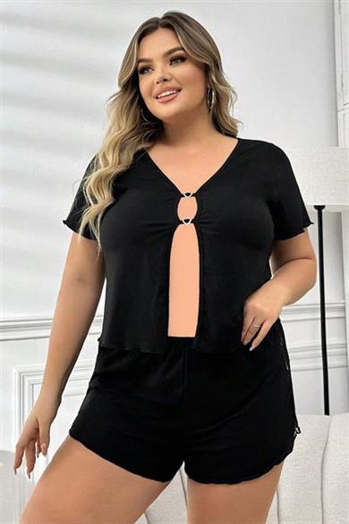 Bella Notte Siyah Büyük Beden Dekolteli Şort Takım 7547