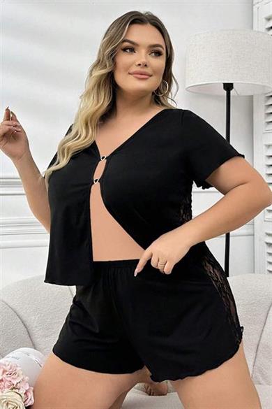 Bella Notte Siyah Büyük Beden Dekolteli Şort Takım 7547