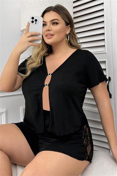 Bella Notte Siyah Büyük Beden Dekolteli Şort Takım 7547