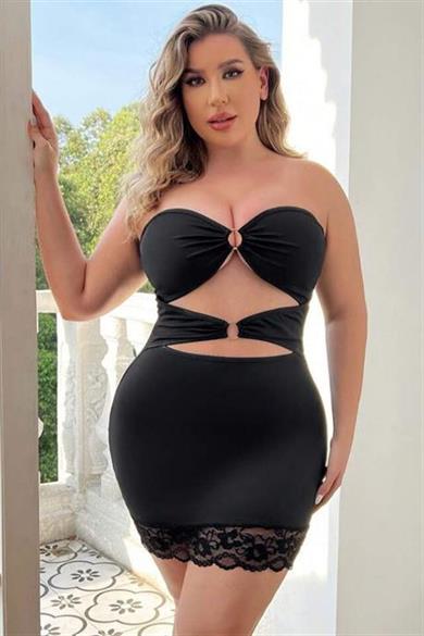 Bella Notte Siyah Büyük Beden Dekolteli Mini Elbise FN-5011