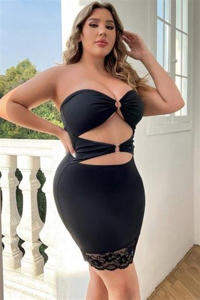 Bella Notte Siyah Büyük Beden Dekolteli Mini Elbise FN-5011