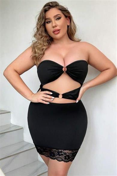 Bella Notte Siyah Büyük Beden Dekolteli Mini Elbise FN-5011
