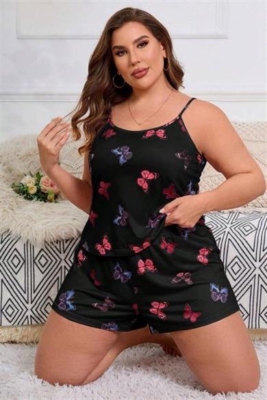 Bella Notte Siyah Büyük Beden Kelebek Desenli Şort Takım 7541