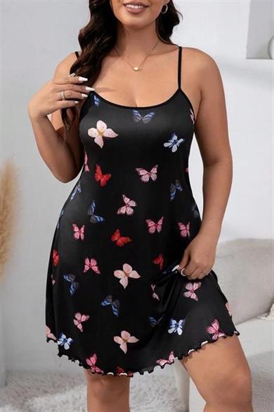 Bella Notte Siyah Büyük Beden Kelebek Desenli Gecelik 15723