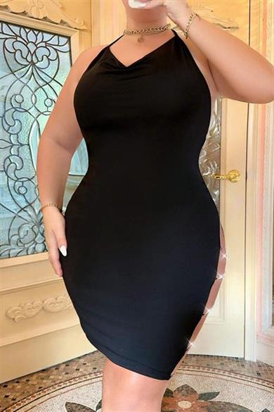 Bella Notte Siyah Büyük Beden Zincirli Mini Elbise FN-5014
