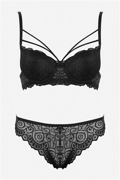 Bella Notte Siyah Dantelli Çift İp Detaylı Şık Sütyen Takım 19010