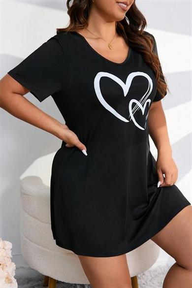 Bella Notte Siyah Kalp Baskılı Büyük Beden Elbise Gecelik 15722
