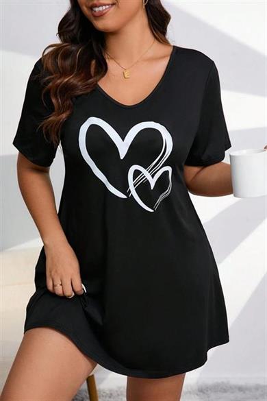 Bella Notte Siyah Kalp Baskılı Büyük Beden Elbise Gecelik 15722