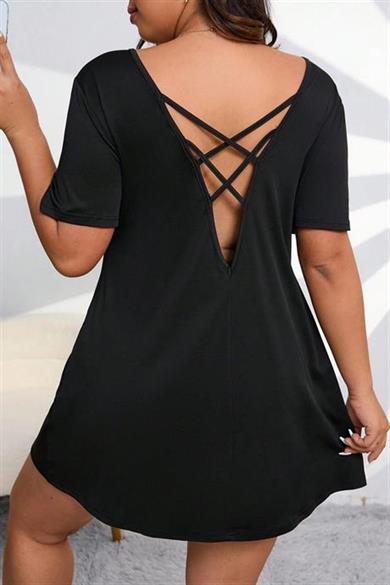 Bella Notte Siyah Kalp Baskılı Büyük Beden Elbise Gecelik 15722