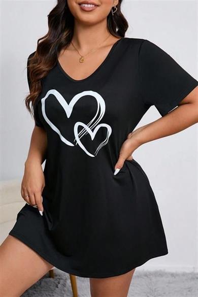 Bella Notte Siyah Kalp Baskılı Büyük Beden Elbise Gecelik 15722