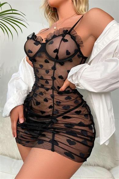 Bella Notte Siyah Kalp Desenli Gecelik 15725