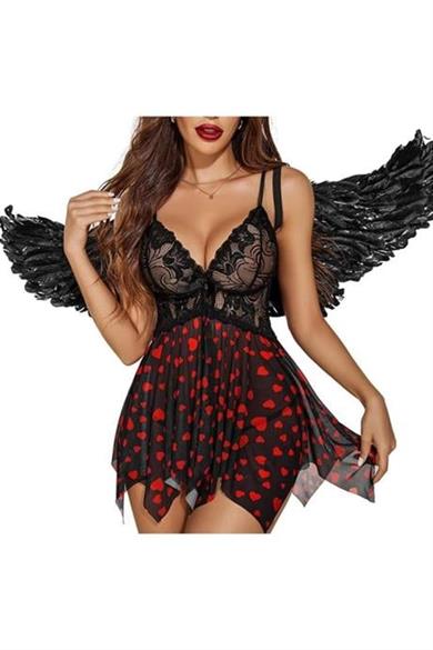 Bella Notte Siyah Kalp Desenli Likralı Transparan Tül Gecelik 15539