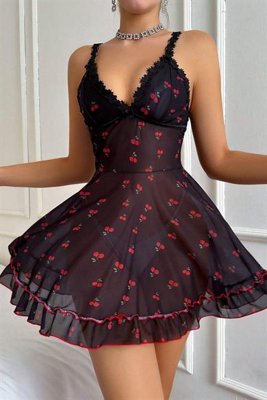 Bella Notte Siyah Kiraz Baskılı Transparan Akılı Gecelik 15901