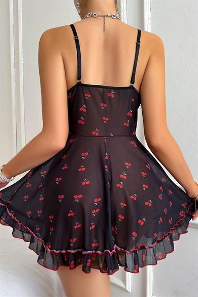 Bella Notte Siyah Kiraz Baskılı Transparan Akılı Gecelik 15901