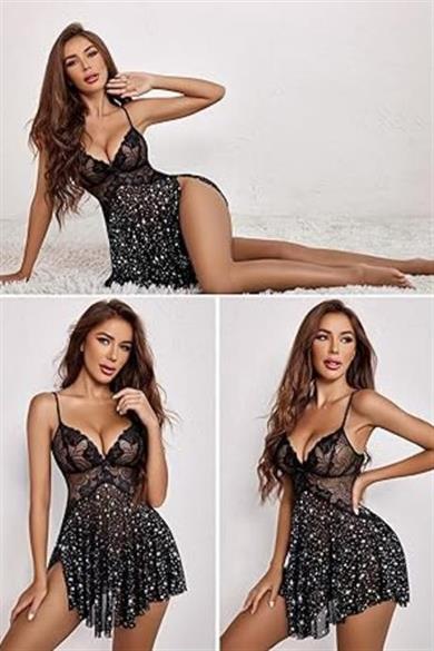 Bella Notte Siyah Likralı Transparan Tül Gecelik 15538