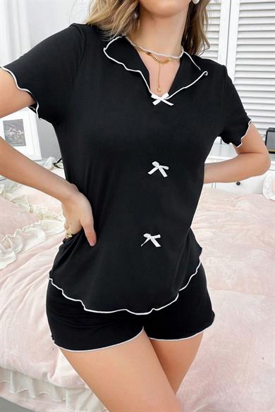 Bella Notte Siyah Pamuklu Beyaz Kurdale Detaylı Şortlu Pijama Takımı 7575