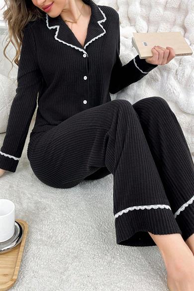 Bella Notte Siyah Pamuklu Şık Gömlek Yaka Pijama Takımı 7147