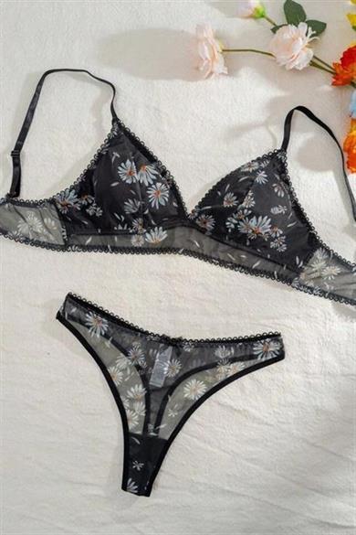 Bella Notte Siyah Papatya Baskılı Sütyen Külot Takım 16083