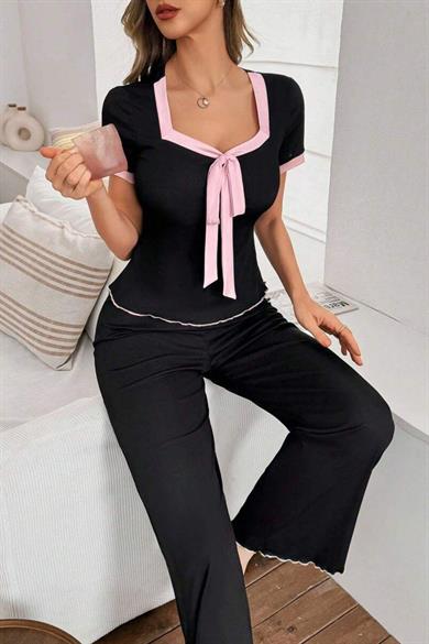 Bella Notte Siyah Rahat Kare Yaka Kısa Kollu Pijama Takım 7391