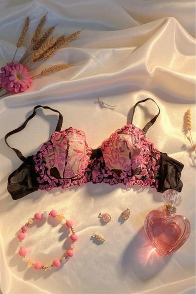 Bella Notte Siyah Renkli Fuşya Çiçek Detaylı Sütyen Takımı 19025