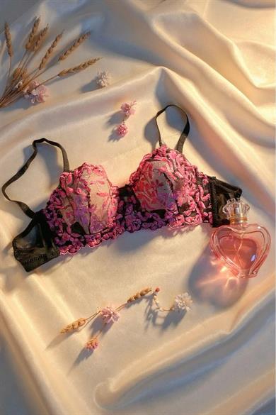 Bella Notte Siyah Renkli Fuşya Çiçek Detaylı Sütyen Takımı 19025