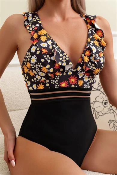 Bella Notte Siyah Yaz Çiçekleri V Yaka Yeni Sezon Tek Parça Mayo M-9037