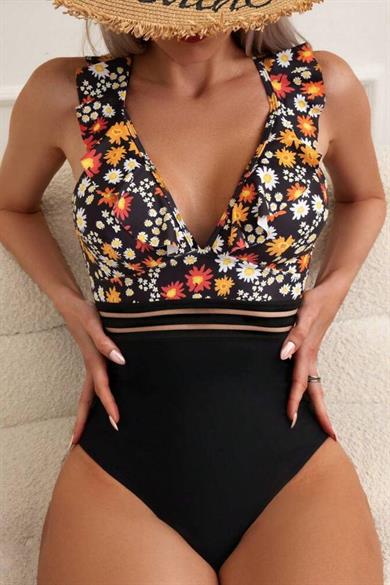 Bella Notte Siyah Yaz Çiçekleri V Yaka Yeni Sezon Tek Parça Mayo M-9037