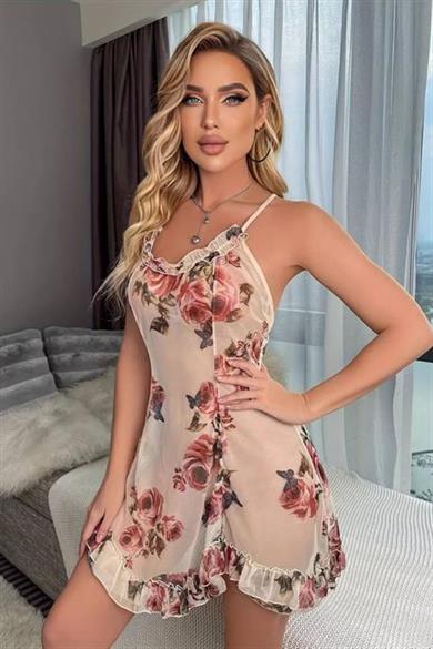 Bella Notte Somon Çiçek Baskılı Mini Gecelik 15704
