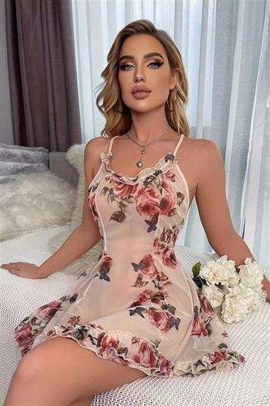 Bella Notte Somon Çiçek Baskılı Mini Gecelik 15704