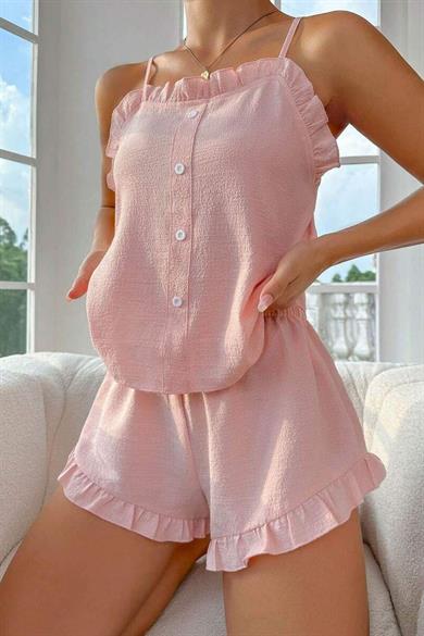 Bella Notte Toz Pembe Fırfır Yakalı Askılı Şort Takım 7727